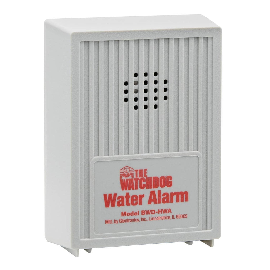 White water leak alarm with speaker grille and front label