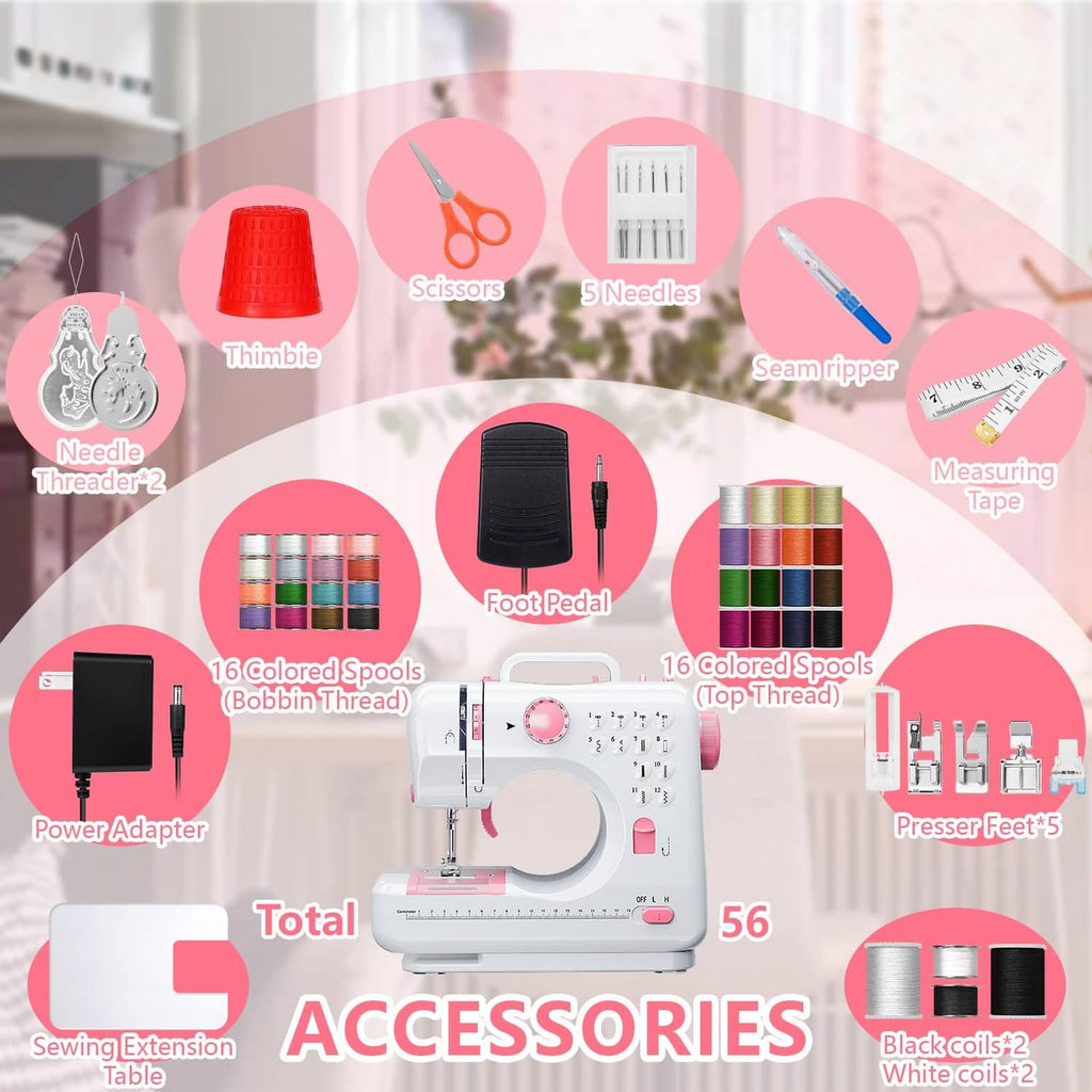 Sewing machine accessory set diagram with spools, needles, scissors, tape, and pedal