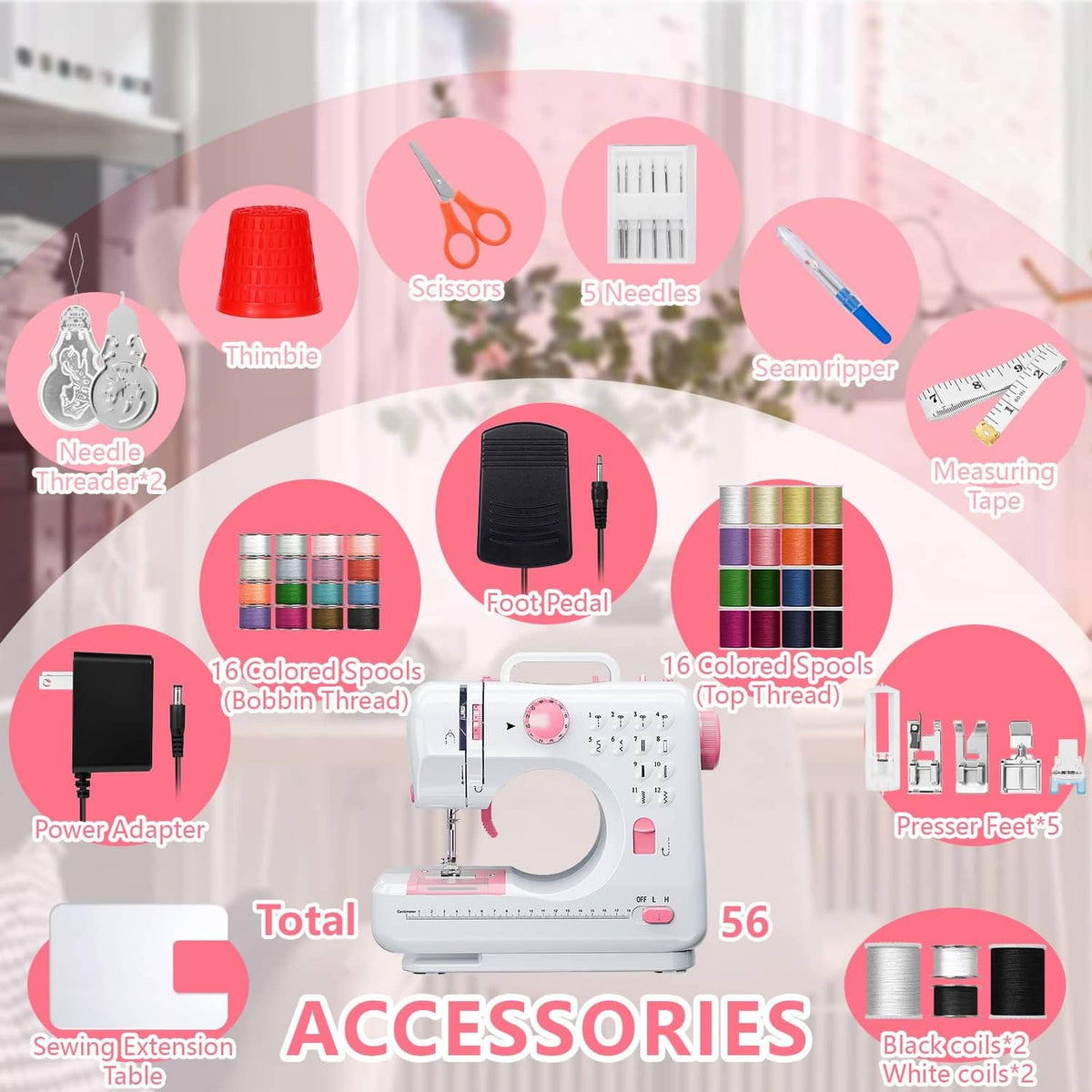 Sewing machine accessory set diagram with spools, needles, scissors, tape, and pedal