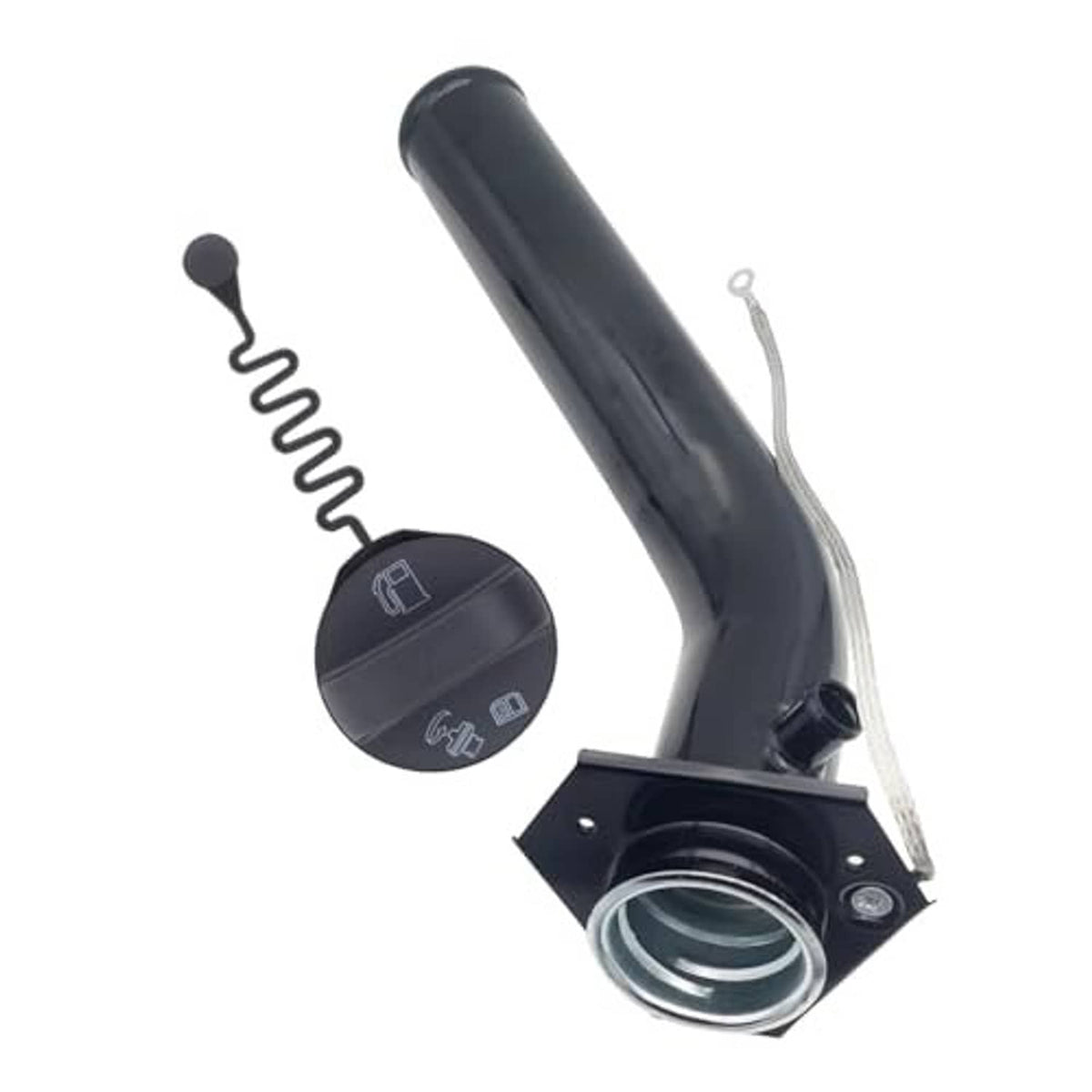 Black fuel tank filler hose with cap, tether spring, and mounting plate