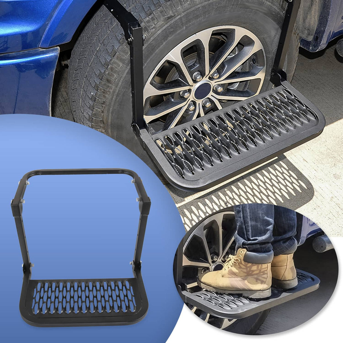 Black tire step mounted beside a truck wheel with ribbed anti-slip tread