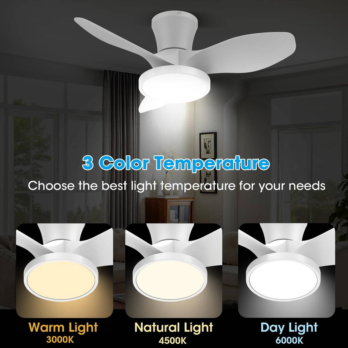 White LED ceiling fan with 5 blades and three light color temperatures