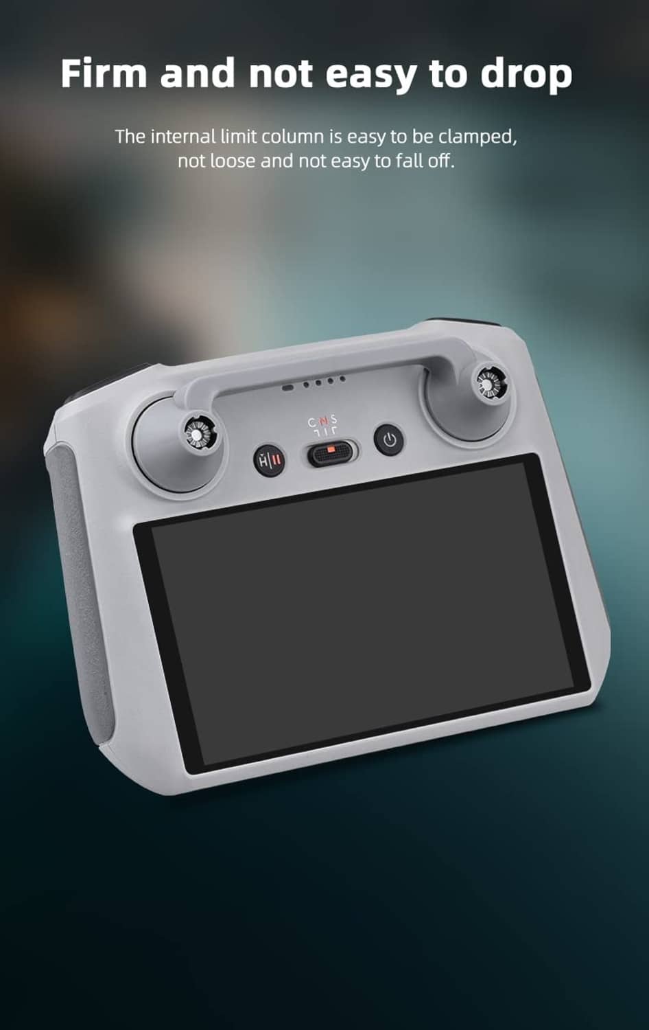 Grey joystick protective cover on a remote controller, secured over sticks
