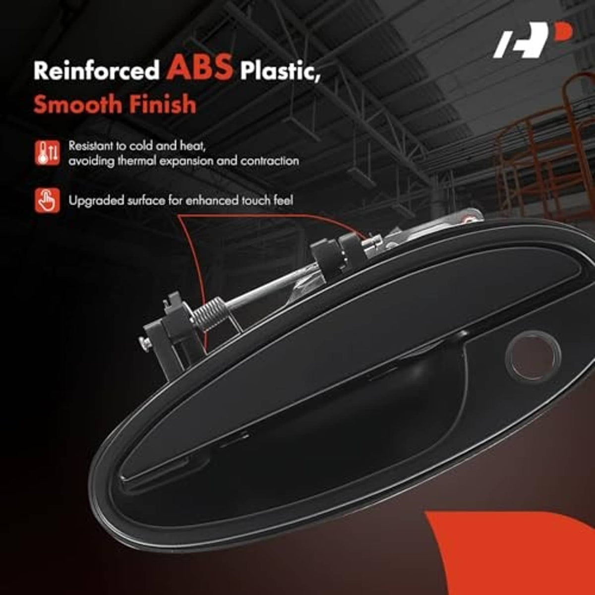 Front exterior door handle with keyhole, smooth black ABS plastic design