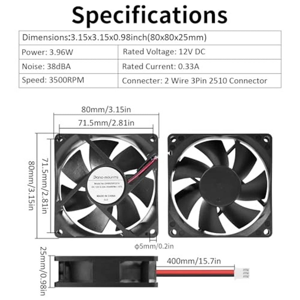80mm DC cooling fan with side profile and mounting-hole pattern, 2-wire connection