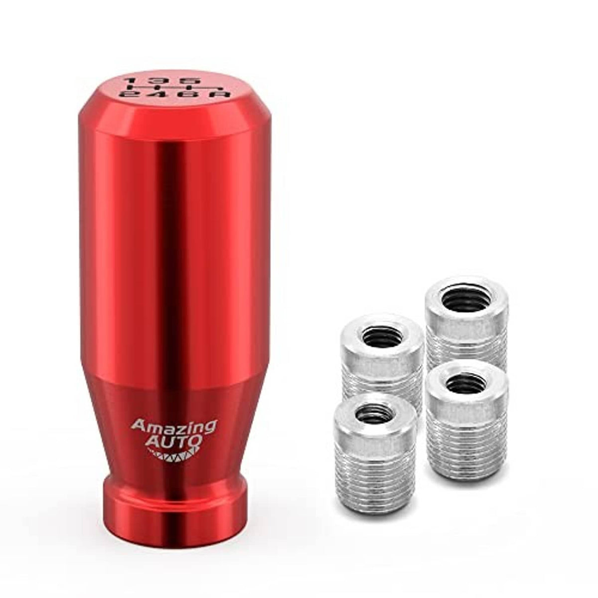Red 6-speed weighted gear shift knob with top markings and four silver threaded adapters