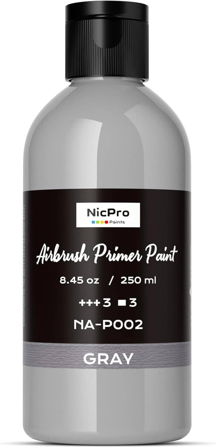 Grey matte airbrush primer paint bottle, NicPro label, NA-P002, grey