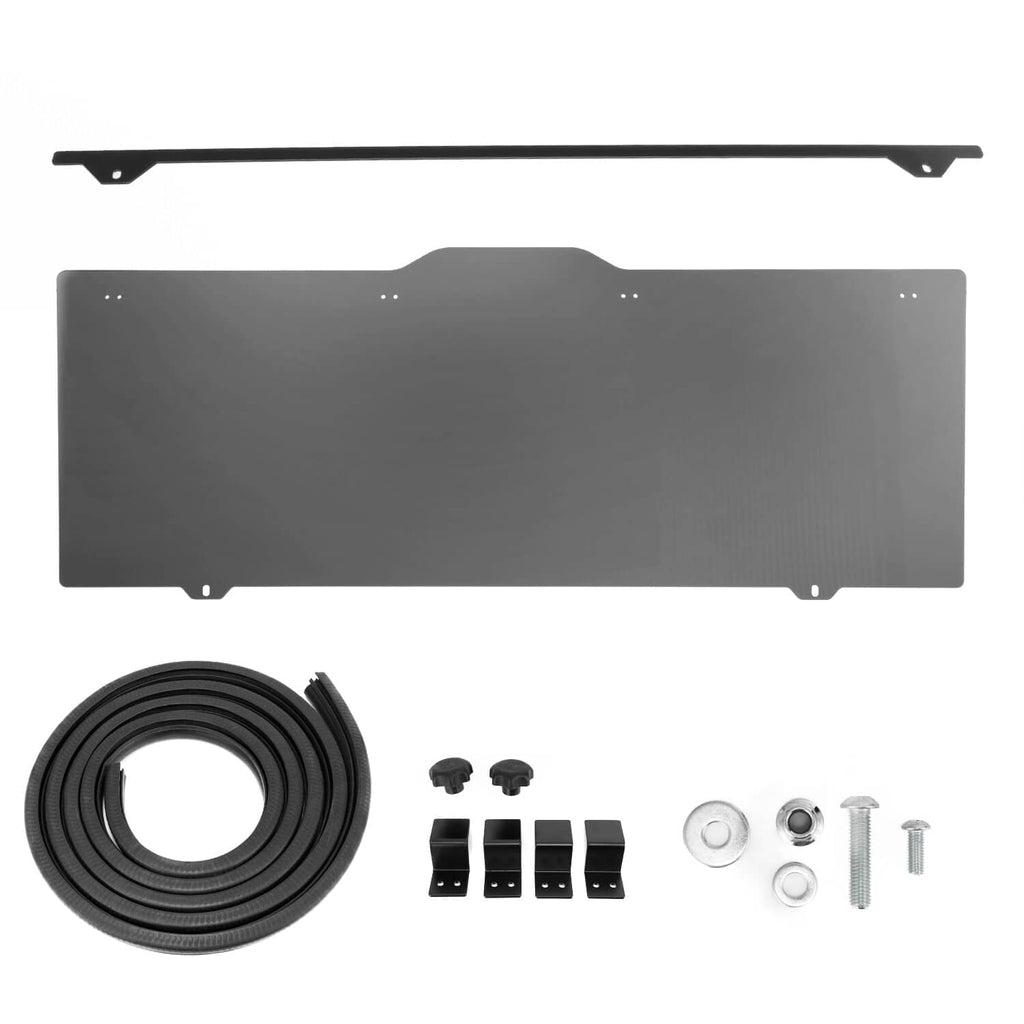 UTV rear windshield kit with tinted panel, rubber seal, clips, washers, and bolts