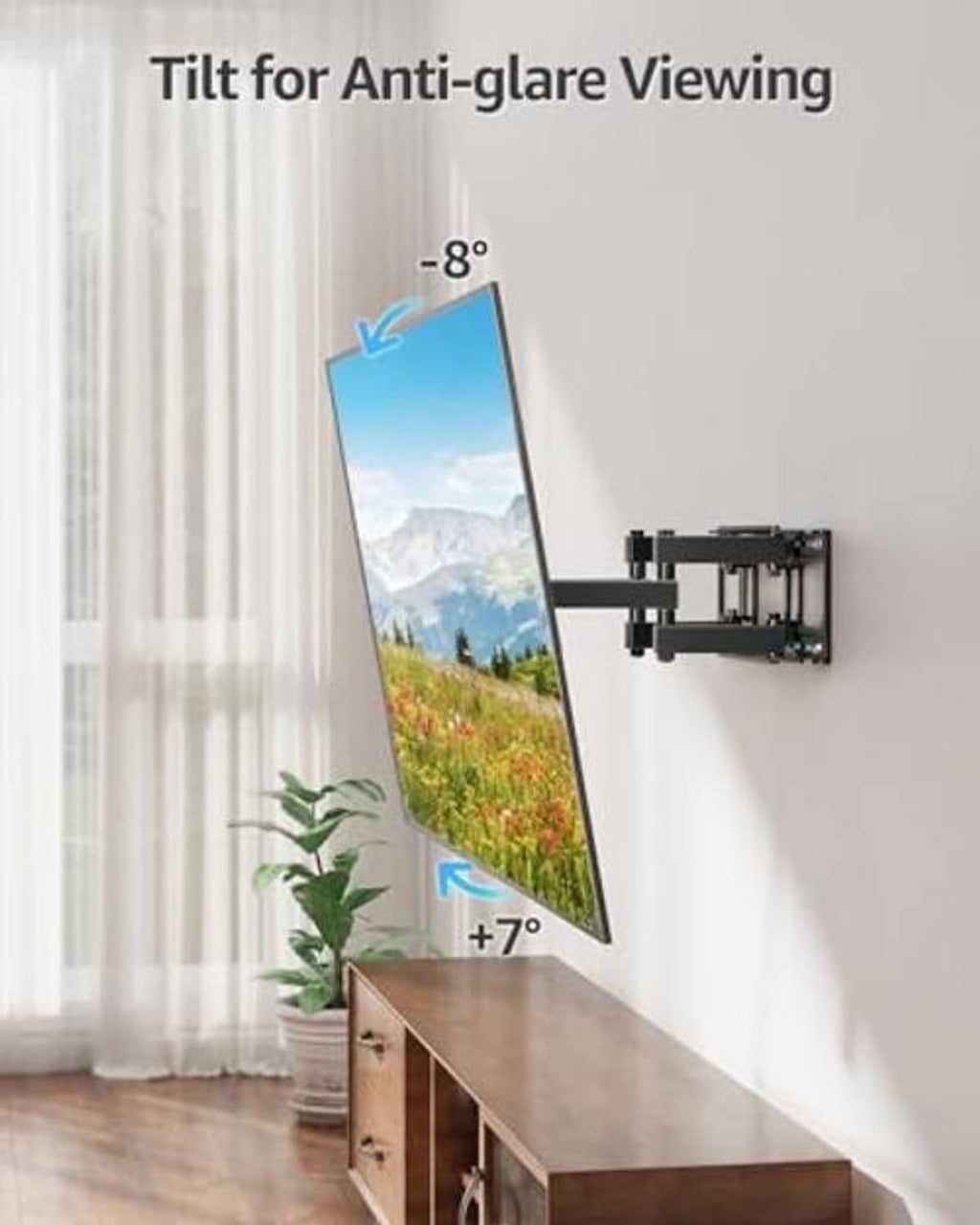 TV wall mount with adjustable tilt mechanism for anti-glare viewing, black bracket