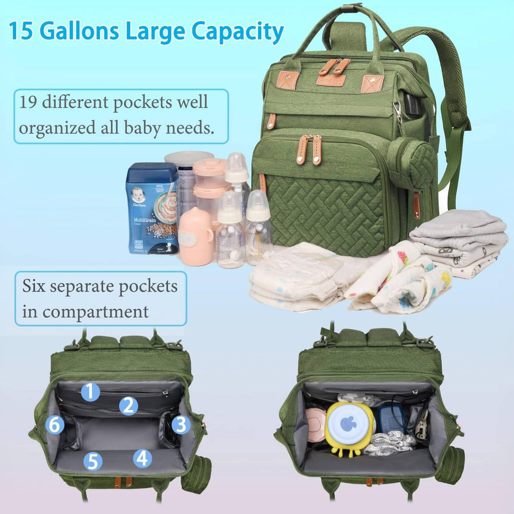 Army green diaper bag with multiple zip compartments and organized bottle-and-gear storage