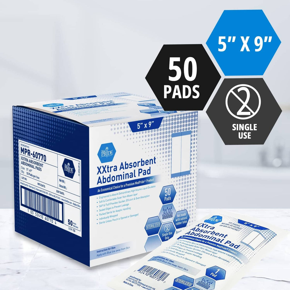 MED PRIDE sterile abdominal pad box and pads, 5x9 in, 50-count, single use