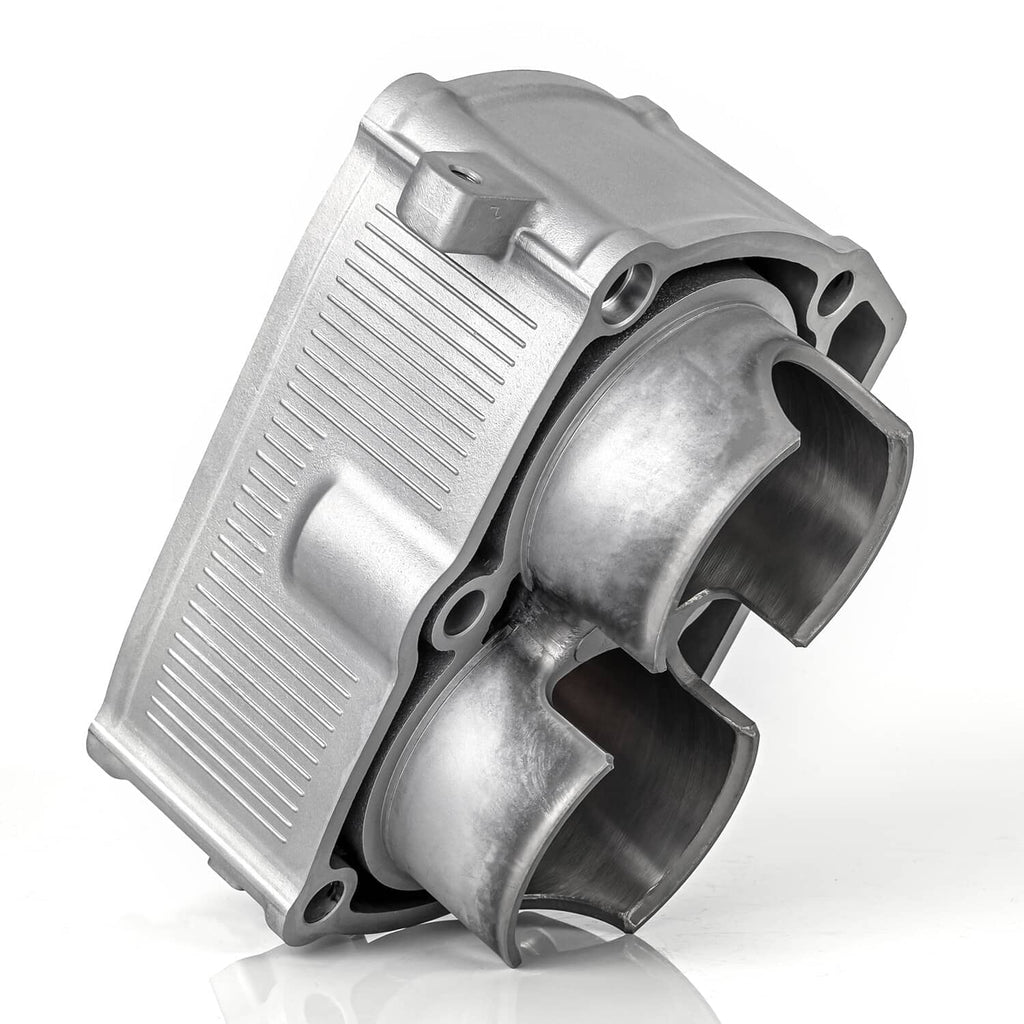 Aluminum cylinder with dual bores, side ports, and mounting bracket detail