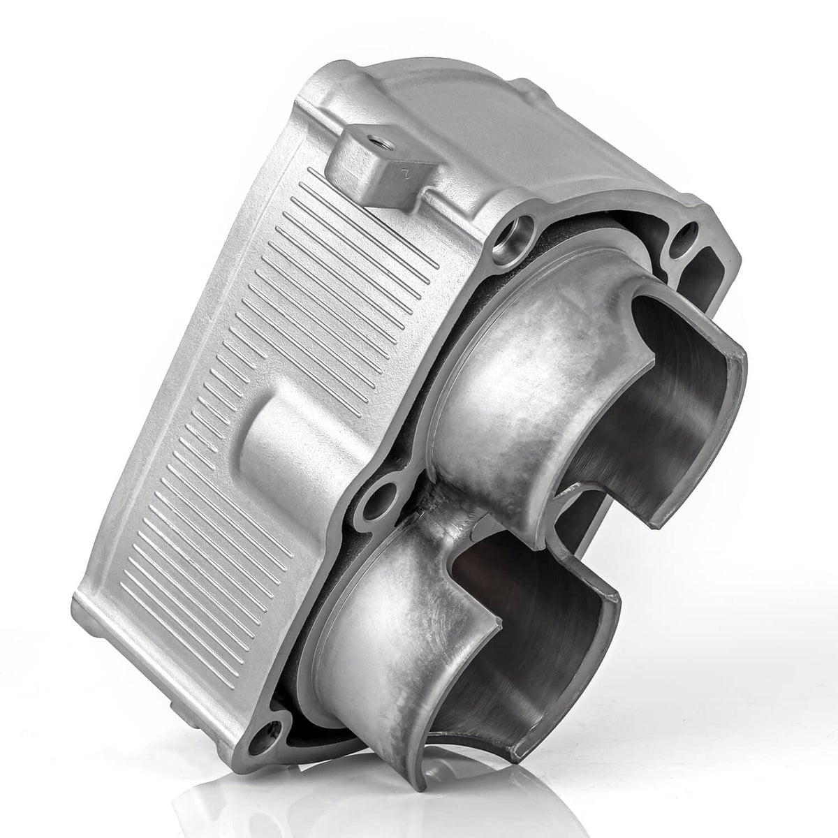 Aluminum cylinder with dual bores, side ports, and mounting bracket detail