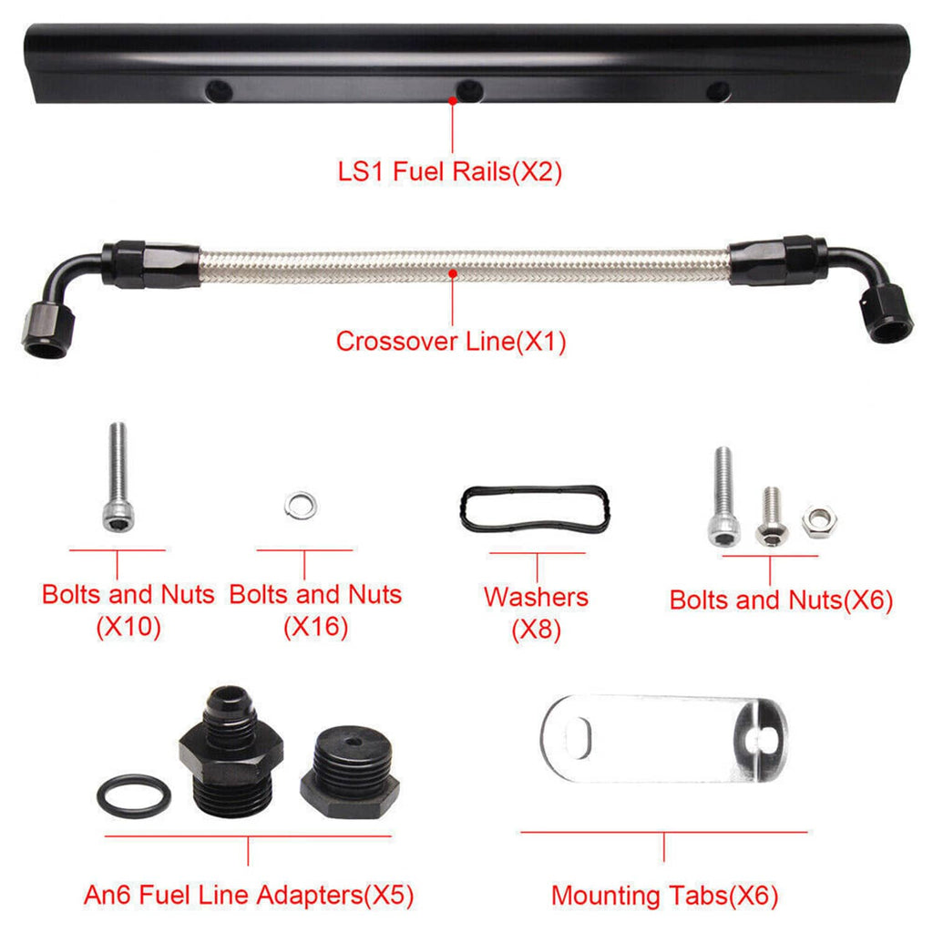 Black fuel rail with crossover line, bolts, nuts, washers, and mounting tabs
