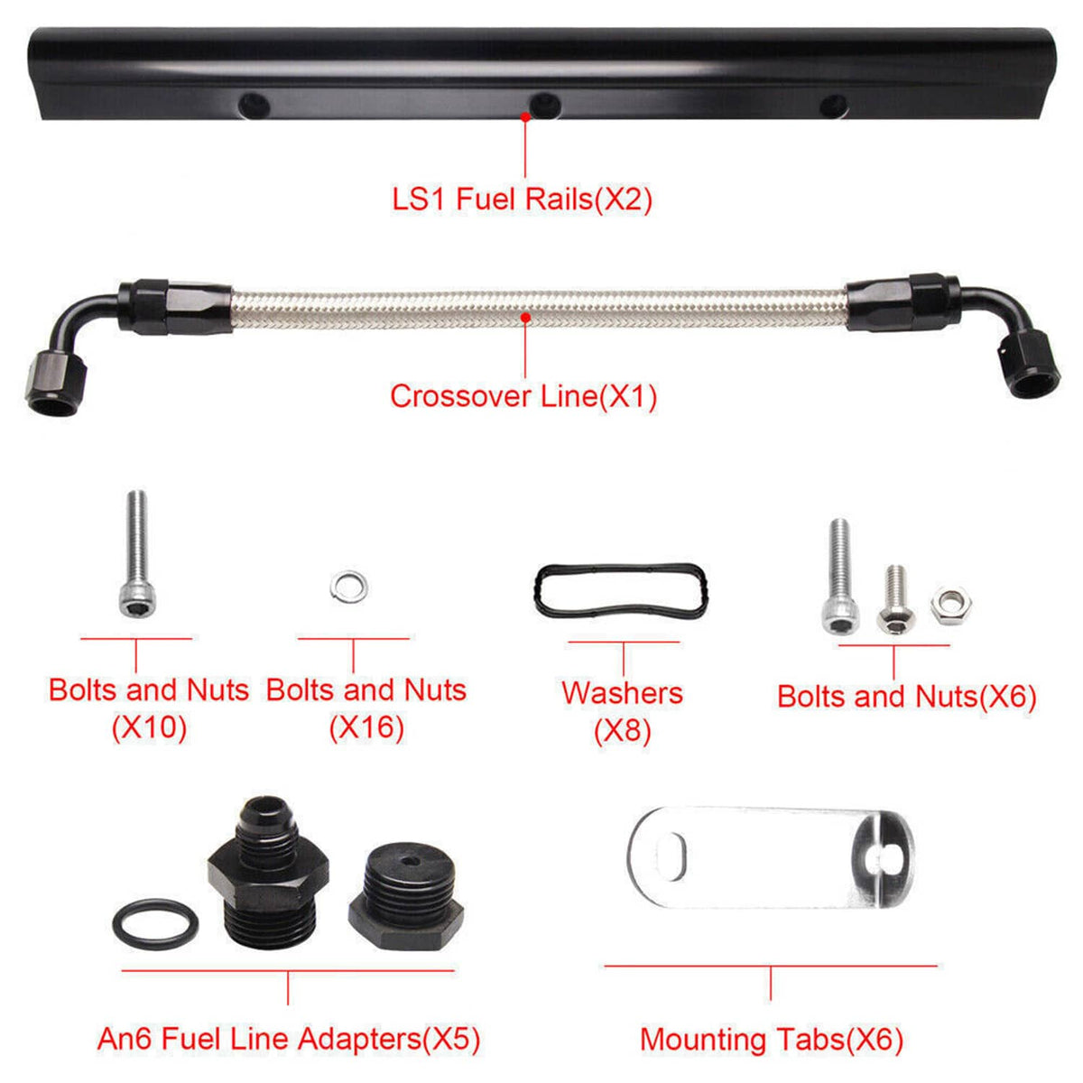 Black fuel rail with crossover line, bolts, nuts, washers, and mounting tabs