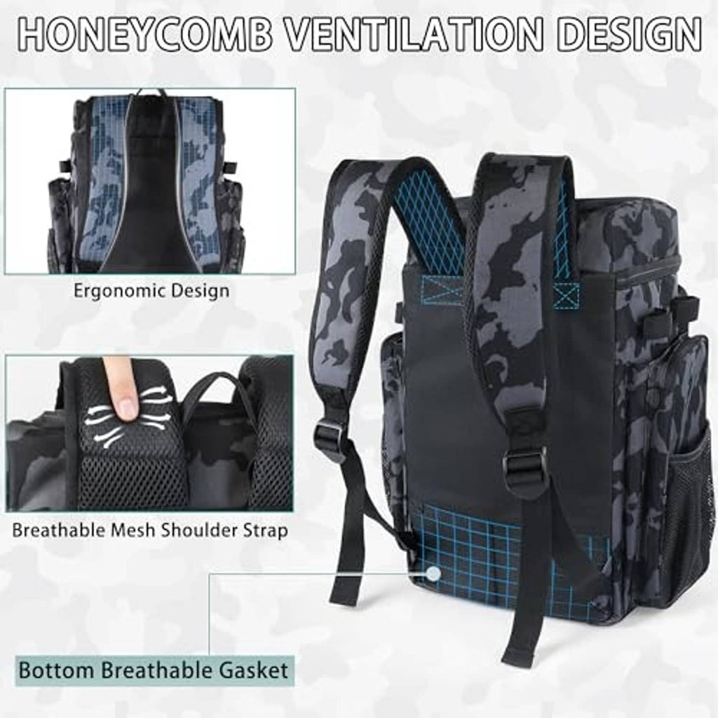 Camouflage black fishing tackle backpack with breathable mesh panels and padded shoulder straps
