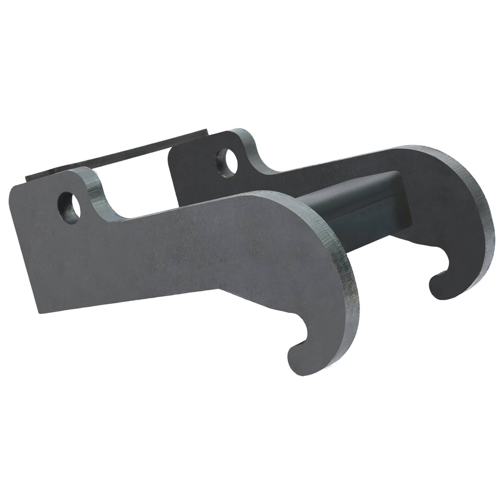 Dark gray excavator coupler bracket with twin fork ends, bolt holes, and top mounting bar