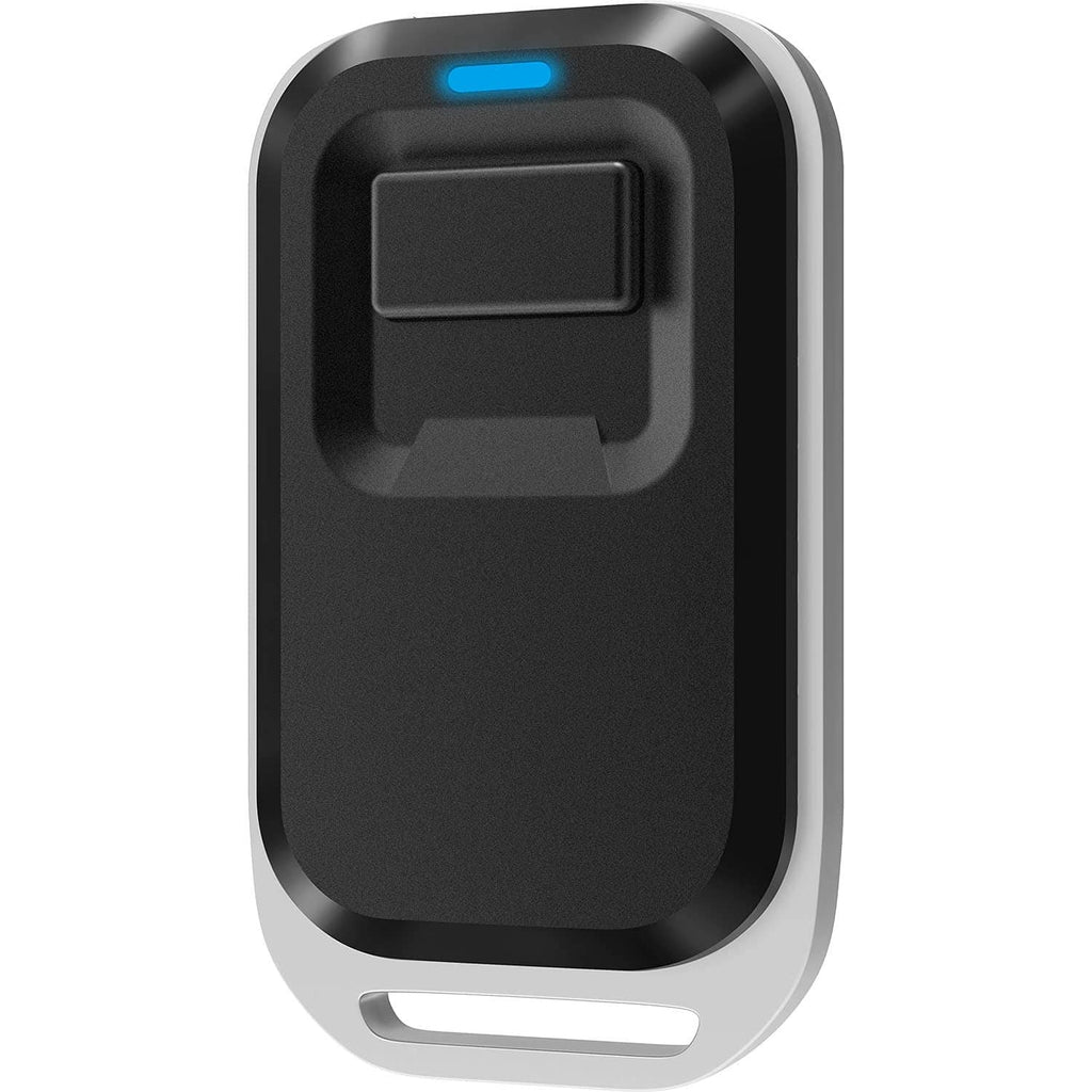 Black one-button gate remote with top button and blue status light
