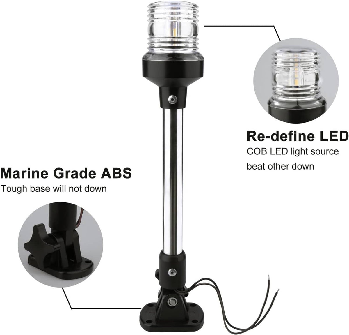LED anchor light with chrome pole, clear lens, and black ABS mounting base