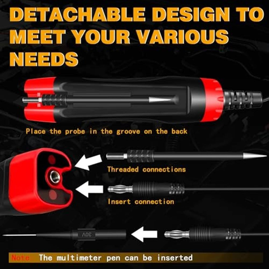 Detachable automotive voltage tester with red-and-black handle and exposed threaded probe