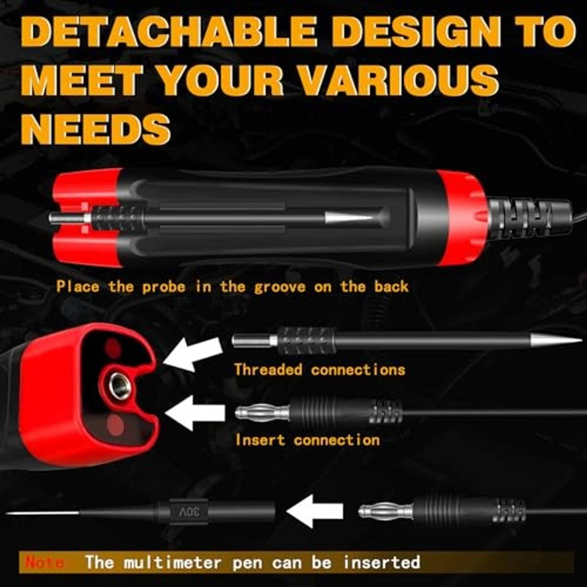 Detachable automotive voltage tester with red-and-black handle and exposed threaded probe