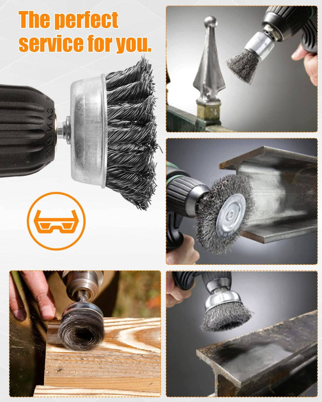 Drill wire brush attachments with hex shanks shown cleaning wood and metal