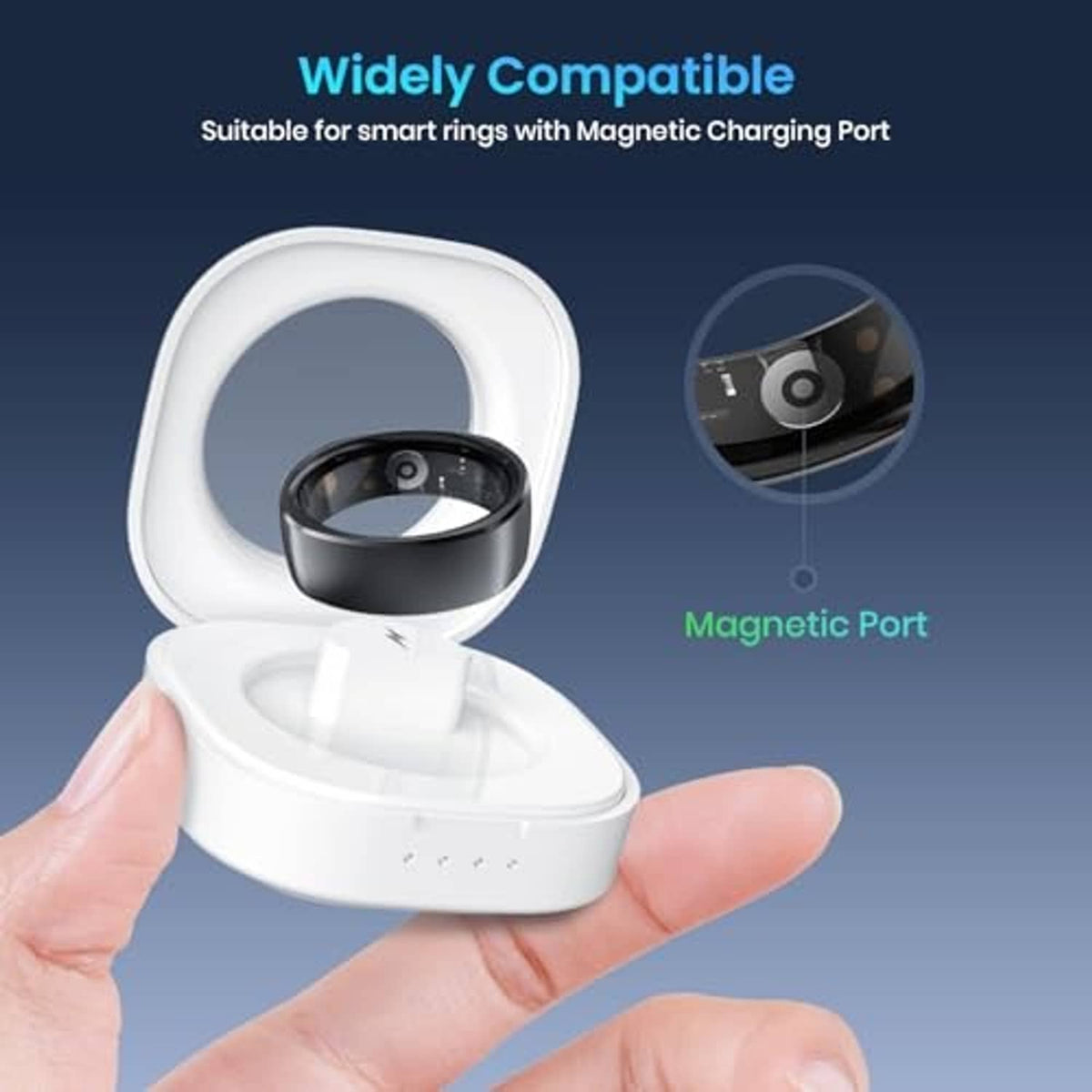 White portable ring charging case held in hand, showing black ring dock
