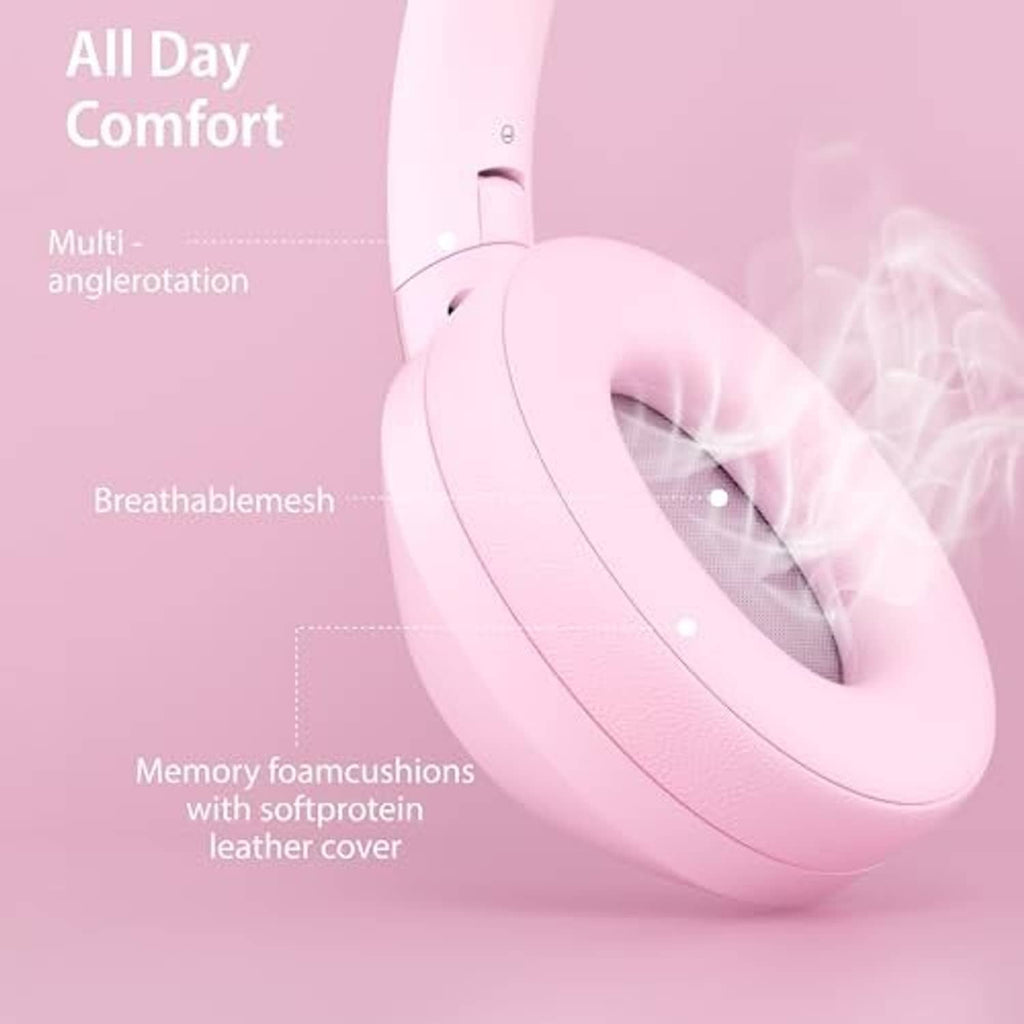 Pink wireless over-ear headphones with padded ear pads and adjustable headband