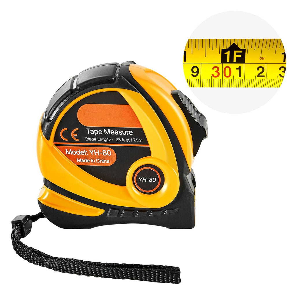 Retractable tape measure with 25ft/7.5m dual scale in yellow and black ABS case