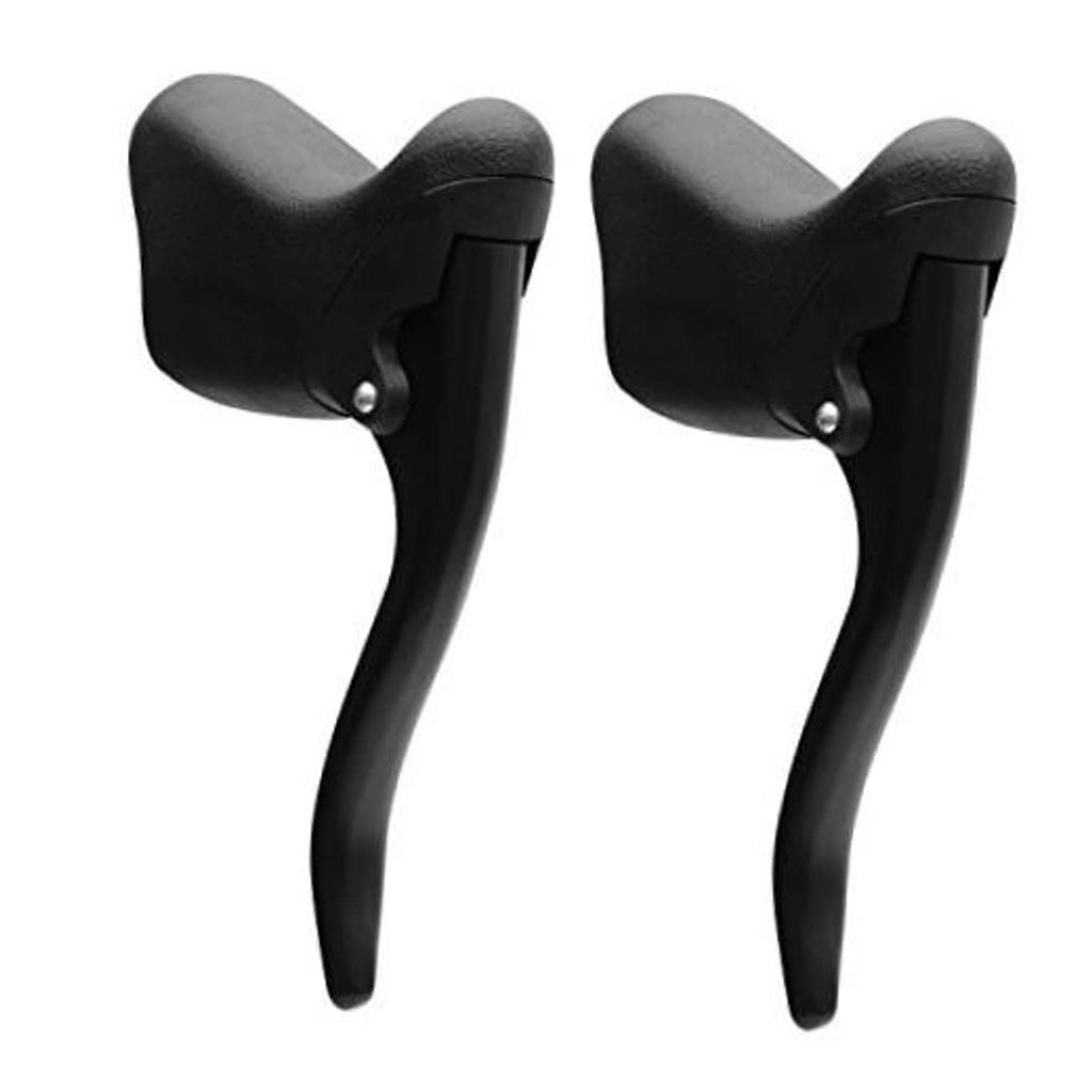 Pair of black bicycle brake levers with rubber curved handles and silver mounting bolt