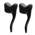 Pair of black bicycle brake levers with rubber curved handles and silver mounting bolt
