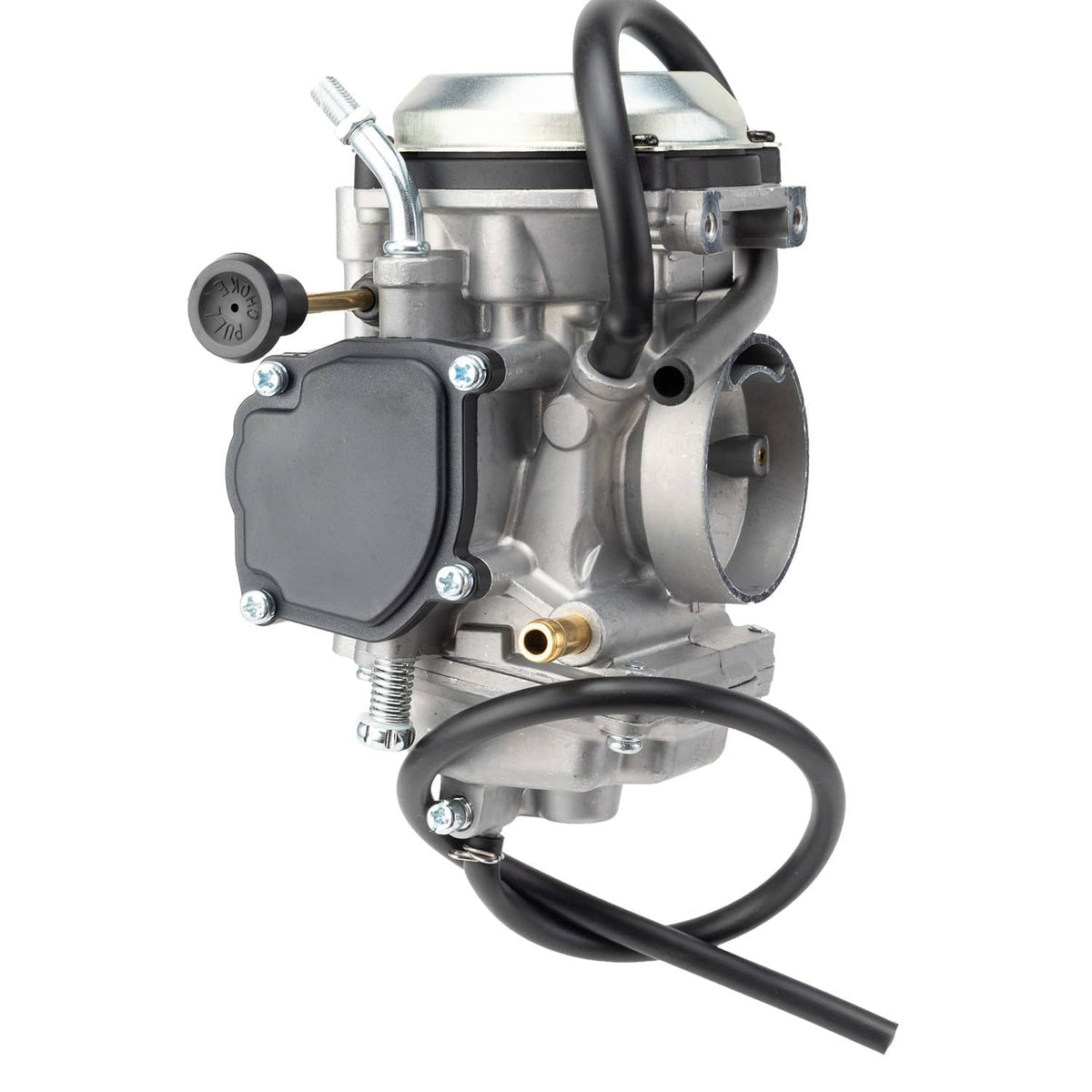 ATV carburetor assembly with black cable and hose, silver body and metal linkages