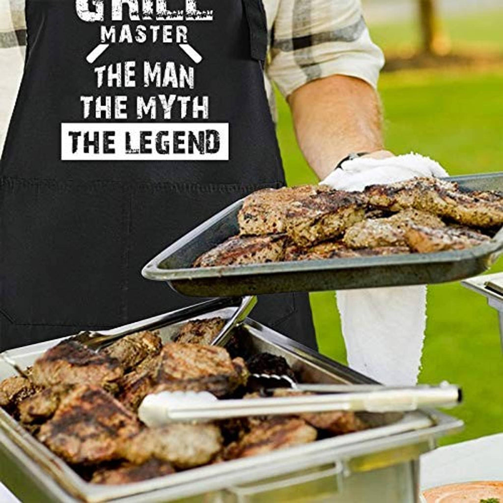 Black grilling apron front with flame Grill Master logo and slogan text print
