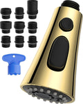 Polished brass faucet replacement head with black control buttons and spray outlet holes