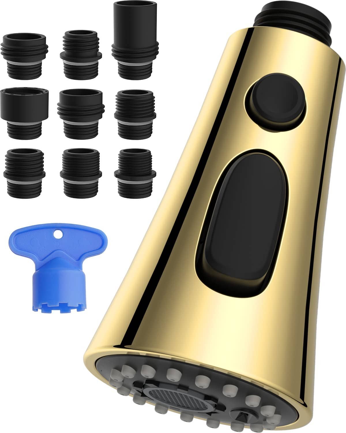 Polished brass faucet replacement head with black control buttons and spray outlet holes
