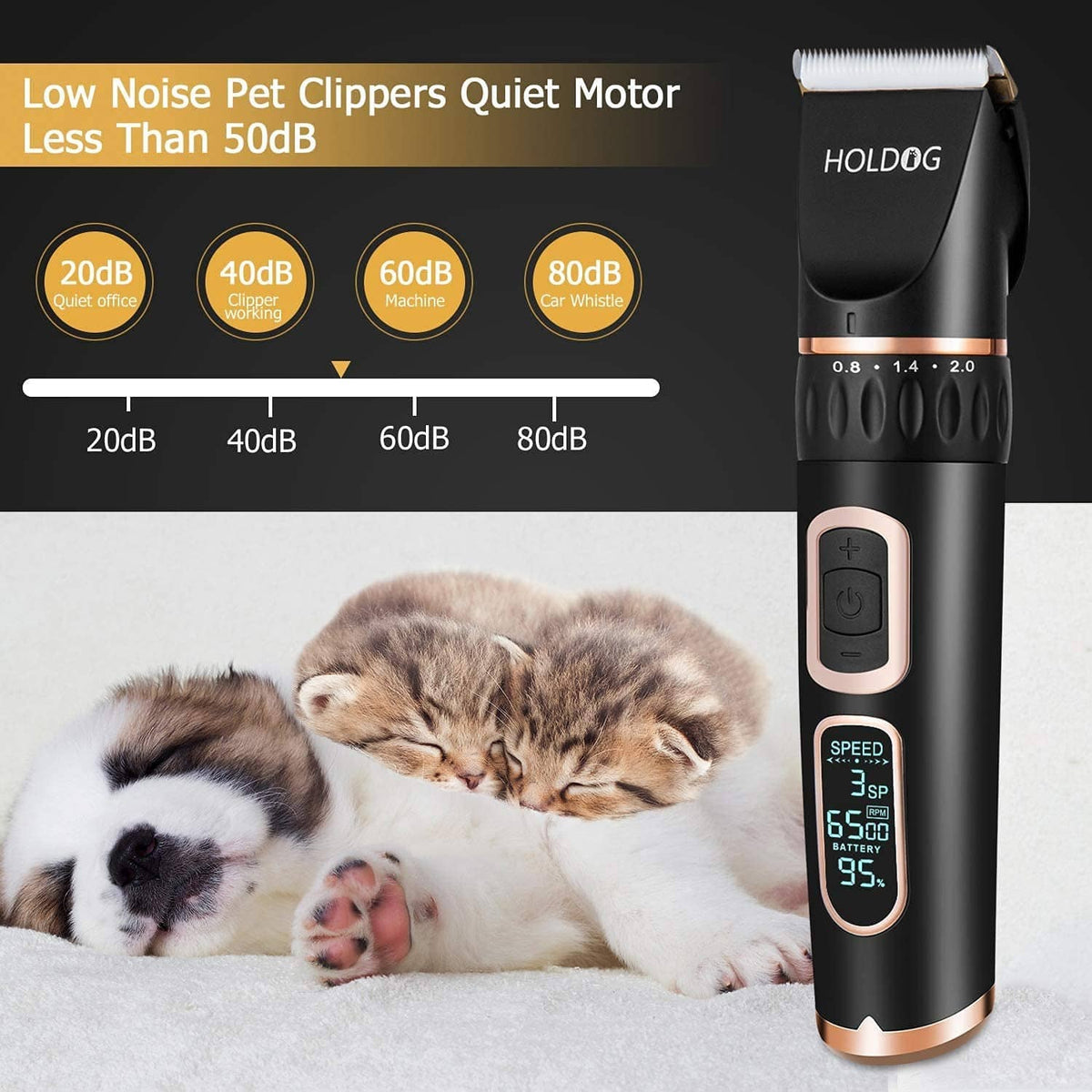Low-noise HOLDOG clippers with speed indicator display and charging-ready design