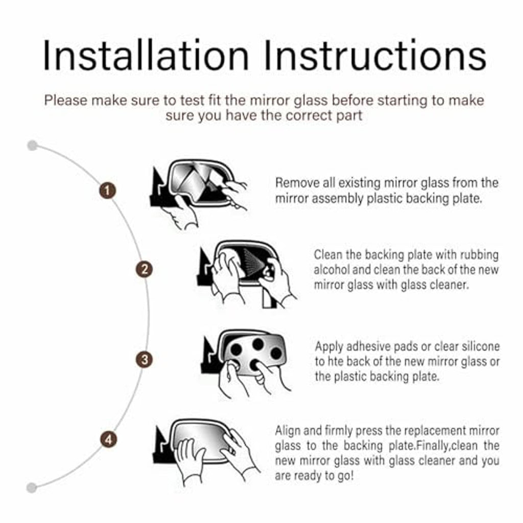 Installation instructions diagram for mounting replacement mirror glass on backing plate.