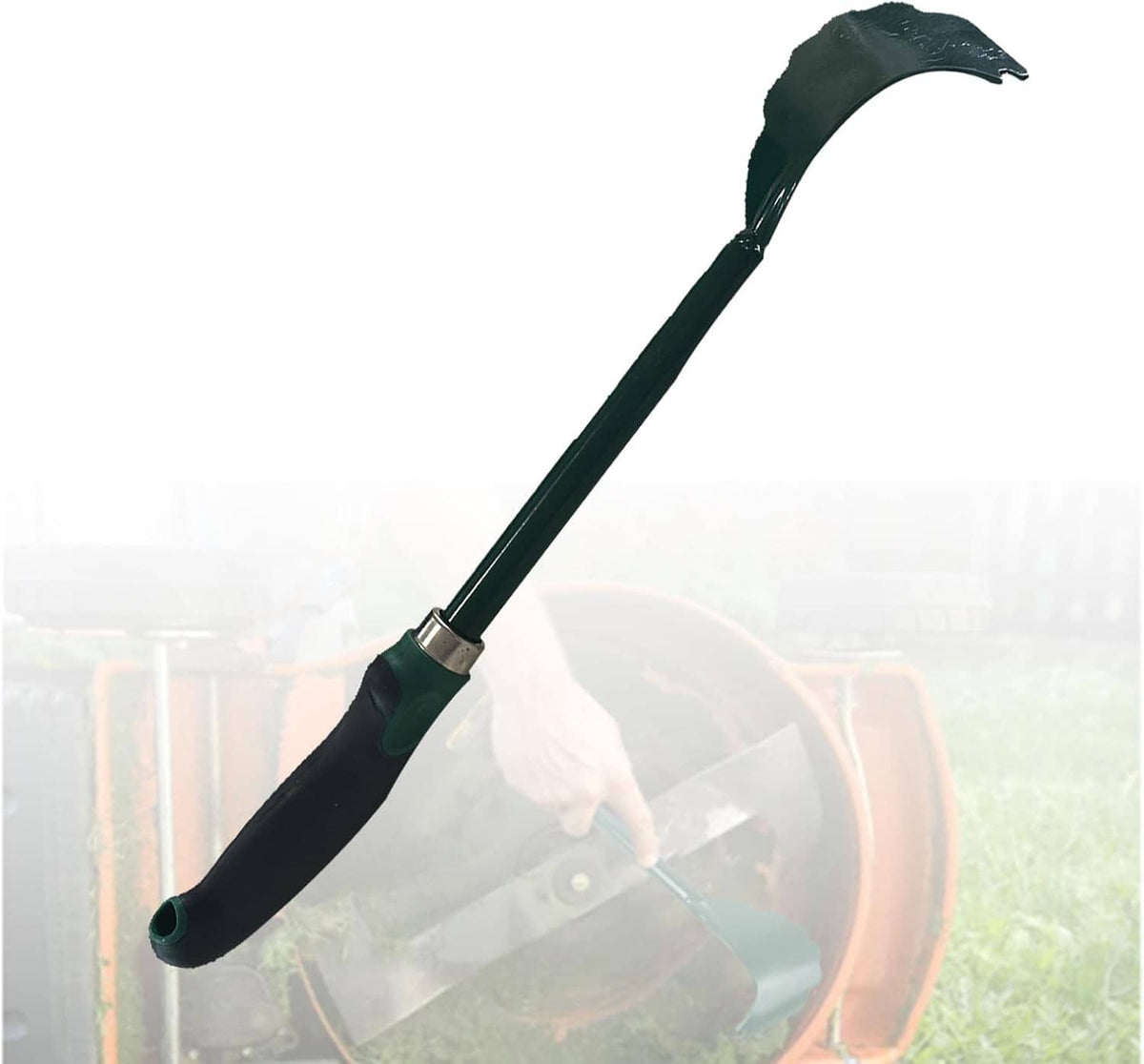 Long-handled mower deck scraper with curved blade, black handle and green scraper head