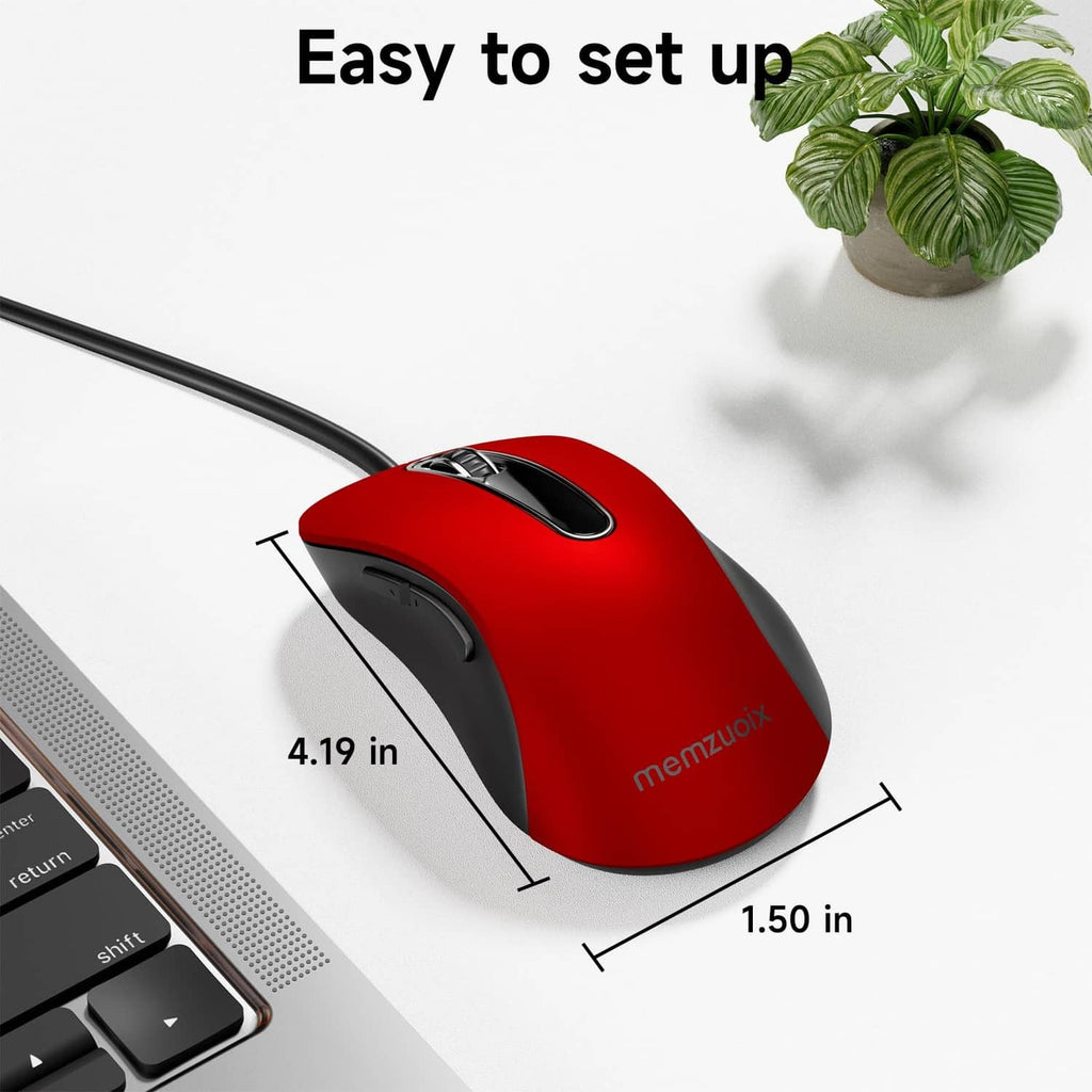 Compact red wired optical mouse with black scroll wheel and cable
