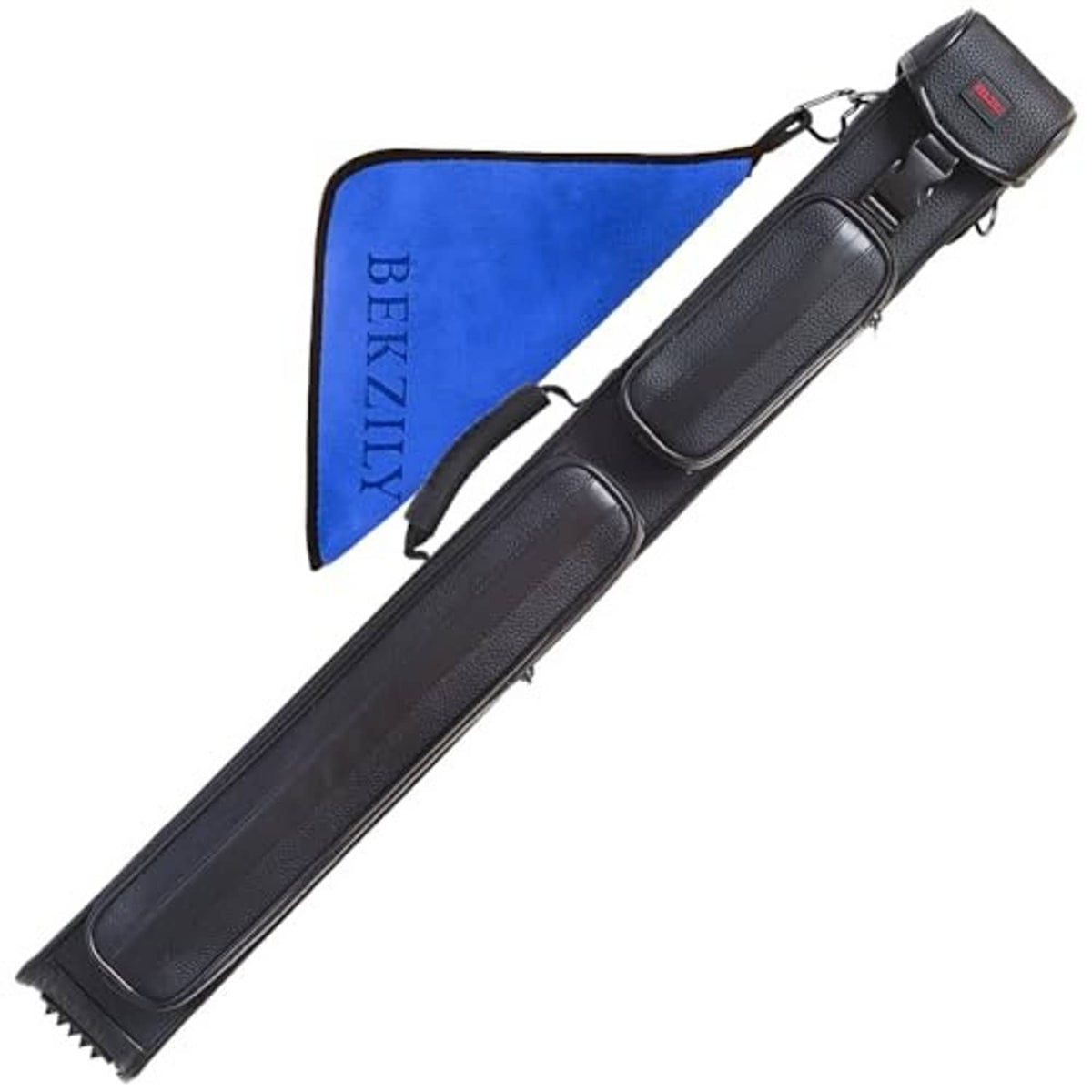 Black billiard cue case with blue-lined flap and zippered strap storage