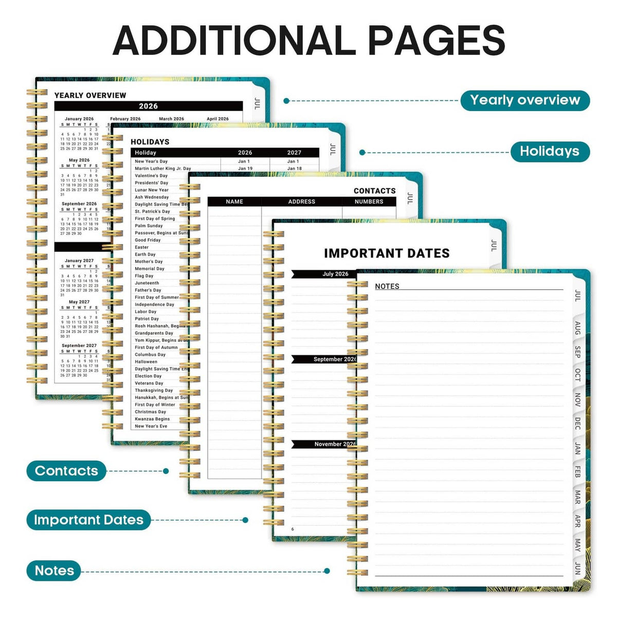 Additional planner pages showing yearly overview, contacts, important dates, and notes