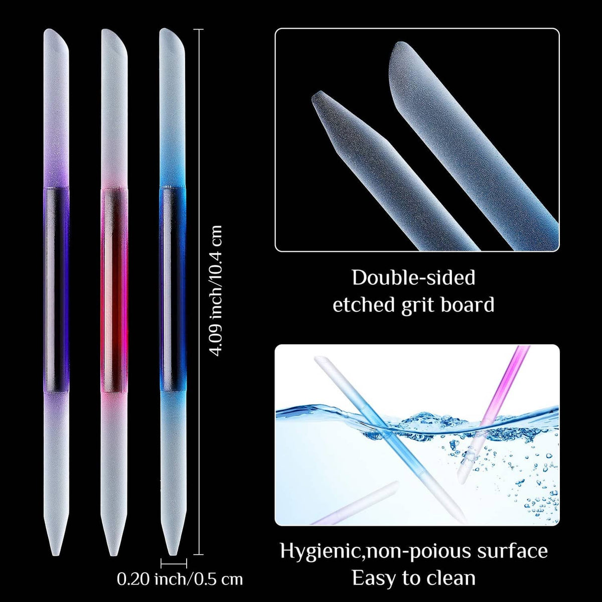 Set of 6 glass cuticle pusher sticks, double-sided etched surface, pastel color handles