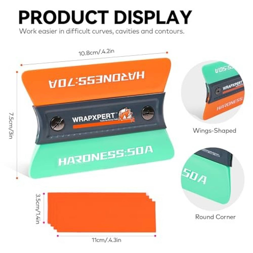 Vinyl wrap squeegee set display showing orange, teal, purple, and green felt squeegees
