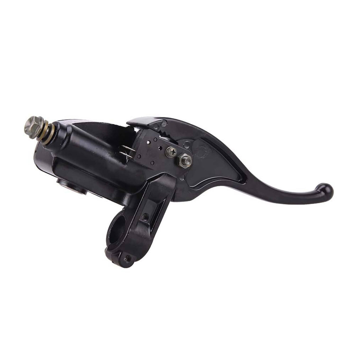 Black front brake master cylinder with curved lever and reservoir housing, angled view