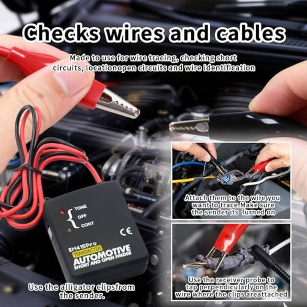 Wire and cable tester with receiver unit and red alligator clip leads