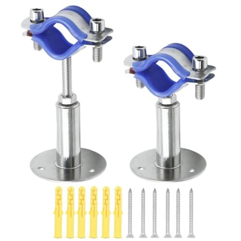 Pair of adjustable pipe clamps with blue bands, threaded posts, and round mounting bases