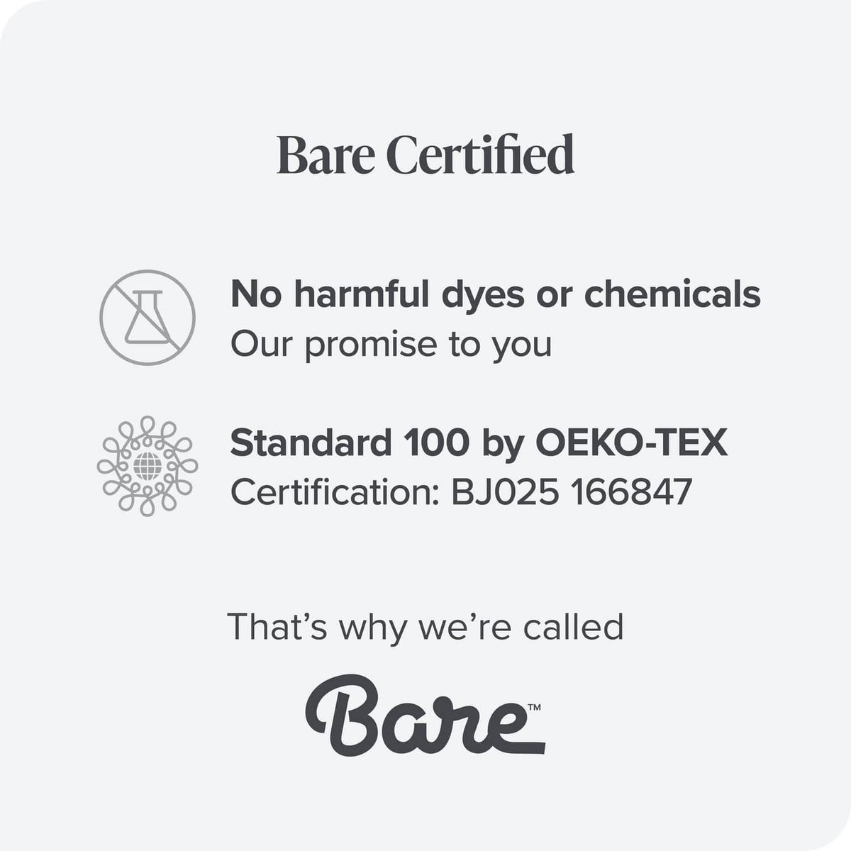 Bare Certified label card for microfiber bedding with certification text