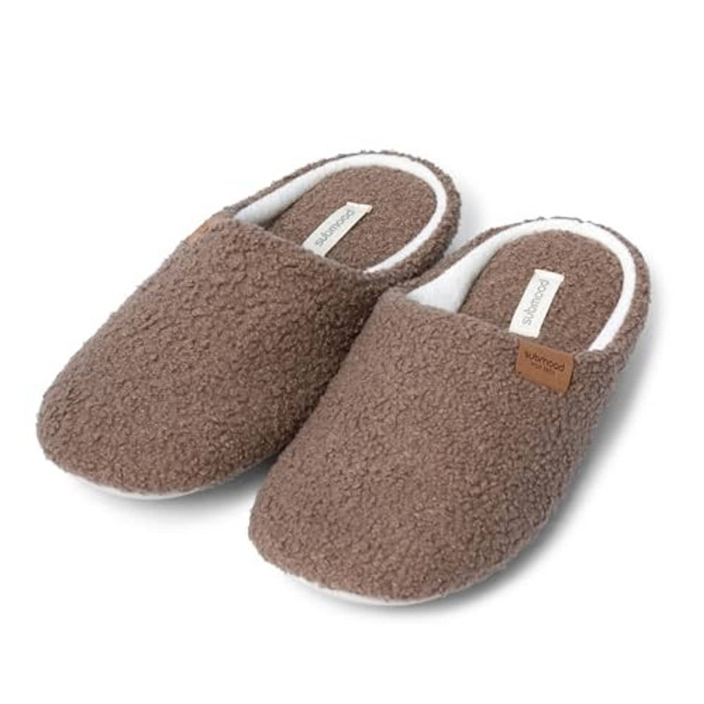 Brown plush slip-on house slippers with white trim and cushioned interior