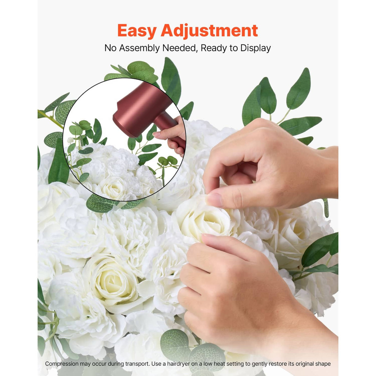 Artificial white rose flower ball with green leaves, hands adjusting the arrangement