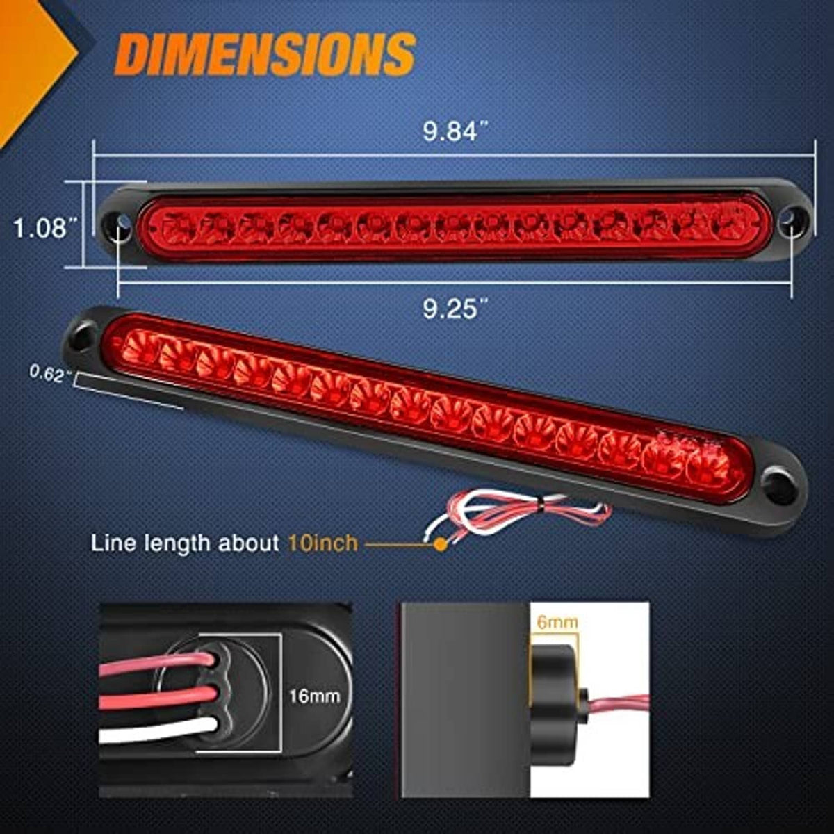 Red 15-LED stop/turn light bar with red lens, screw holes, and wiring pigtail